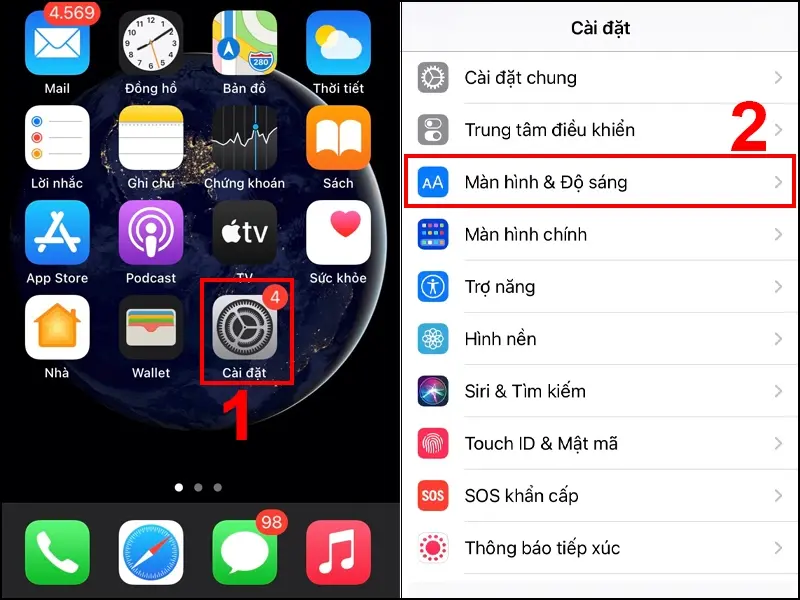 Mở cài đặt của iPhone hiển thị màn hình và độ sáng