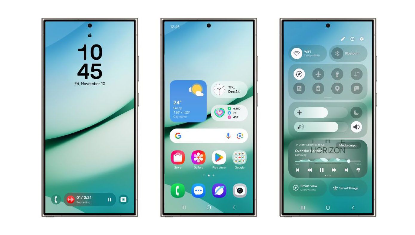 Giao diện Samsung One UI 7 trên điện thoại Galaxy với thiết kế tối giản, biểu tượng ứng dụng bo tròn và bảng điều khiển nhanh được sắp xếp khoa học. 